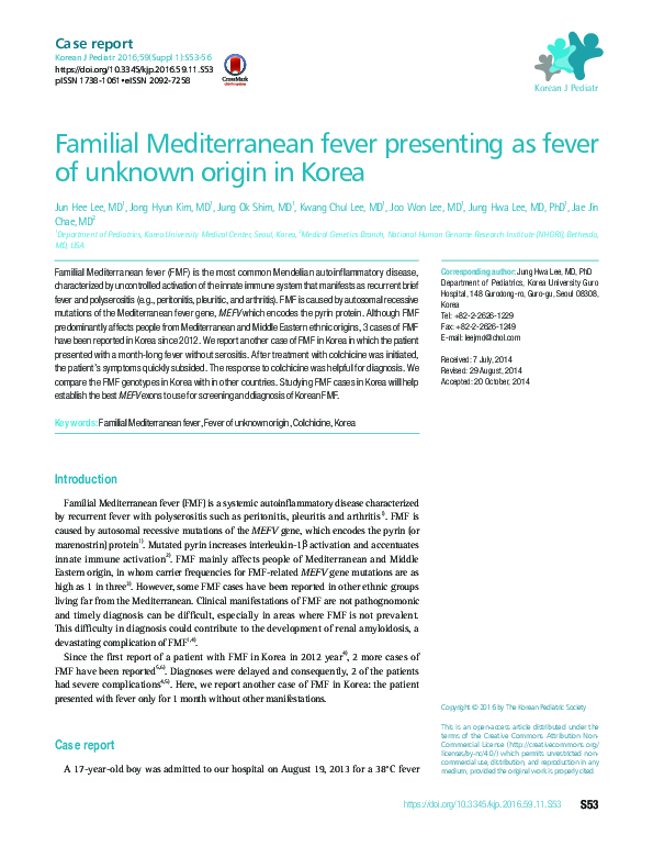 (PDF) Familial Mediterranean fever presenting as fever of unknown ...