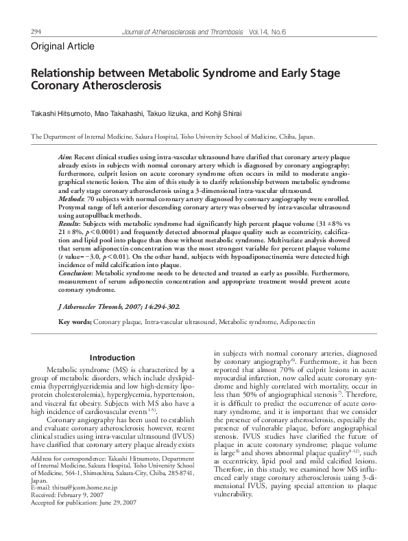 (PDF) Relationship between Metabolic Syndrome and Early Stage Coronary ...