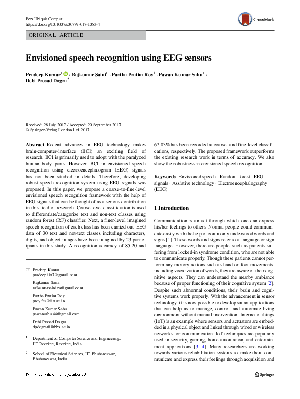 (PDF) Envisioned speech recognition using EEG sensors