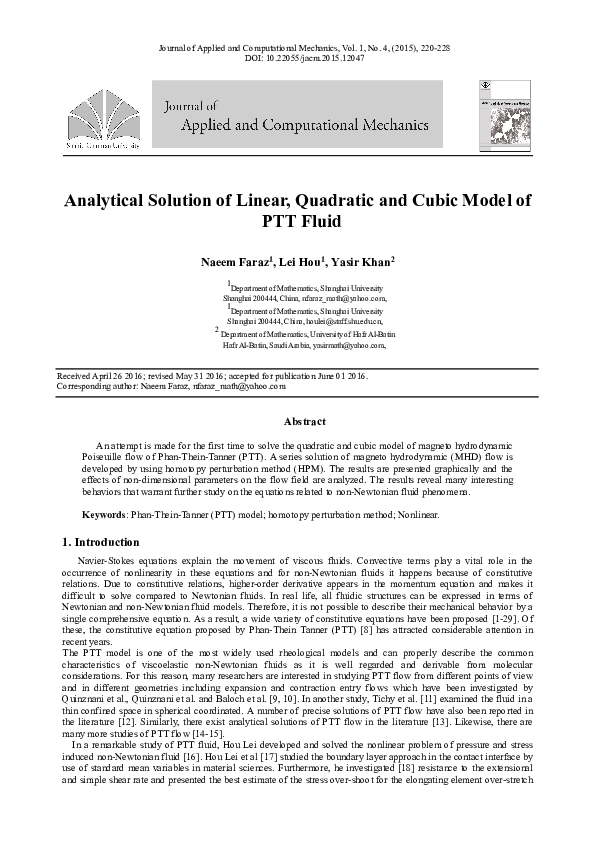 (PDF) Analytical Solution of Linear, Quadratic and Cubic Model of PTT Fluid