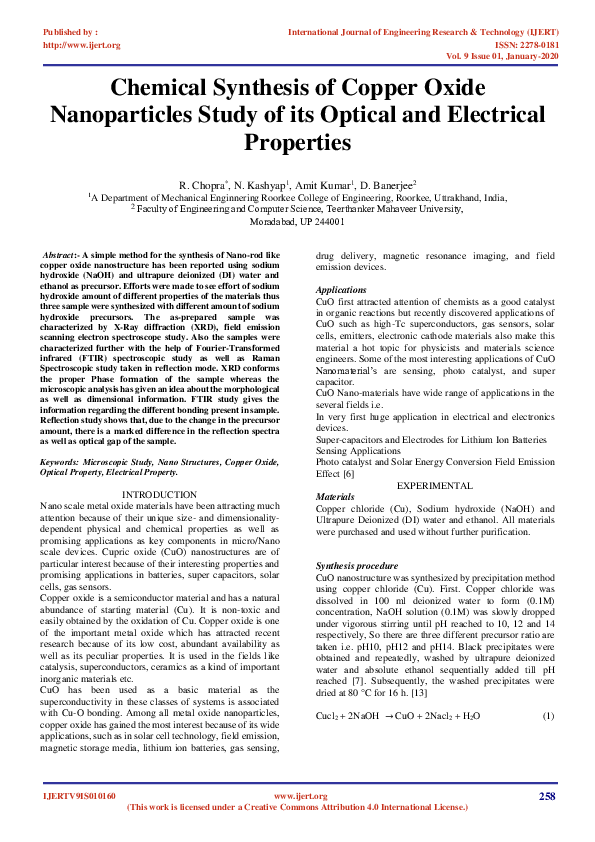 (PDF) Chemical Synthesis of Copper Oxide Nanoparticles Study of its ...