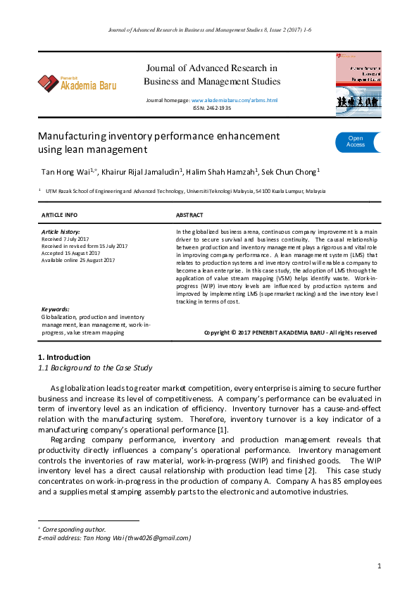 (PDF) Manufacturing inventory performance enhancement using lean management