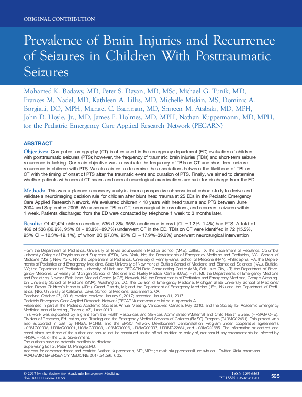 Prevalence of Brain Injuries and Recurrence of Seizures in Children with Post Traumatic Seizures