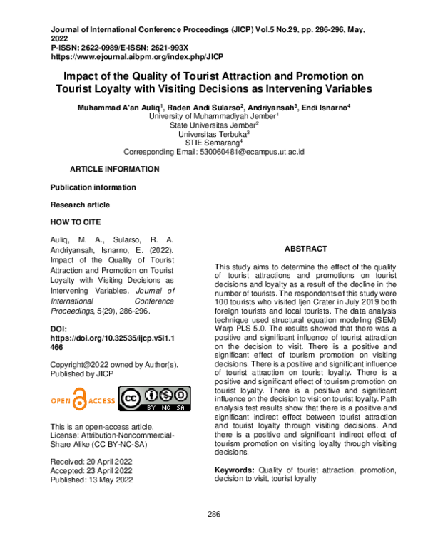 (PDF) Impact of the Quality of Tourist Attraction and Promotion on ...