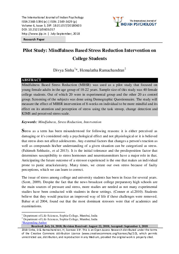 (PDF) Pilot Study: Mindfulness Based Stress Reduction Intervention on ...