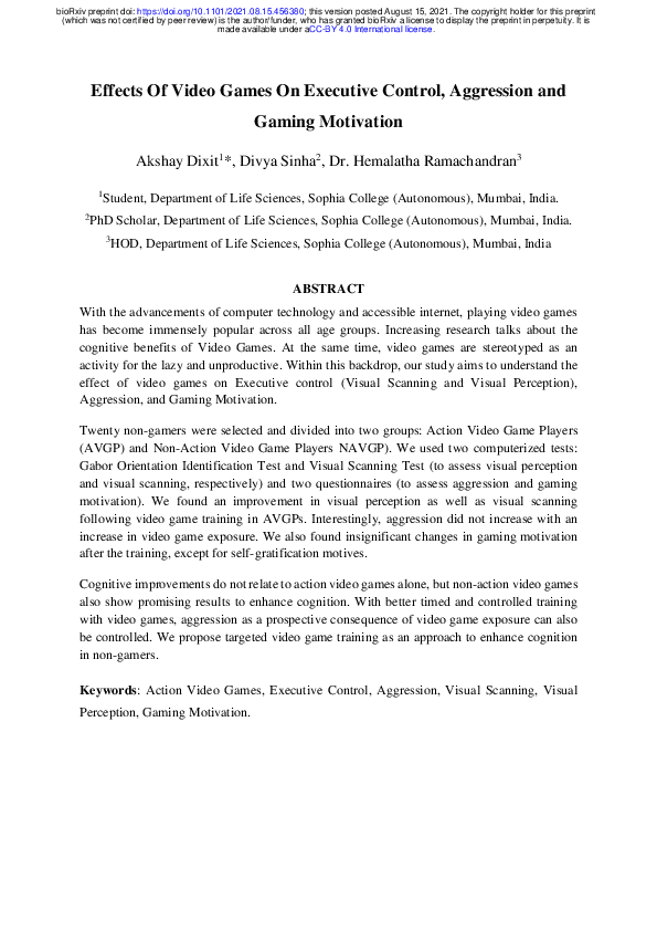 (PDF) Effects Of Video Games On Executive Control, Aggression and ...