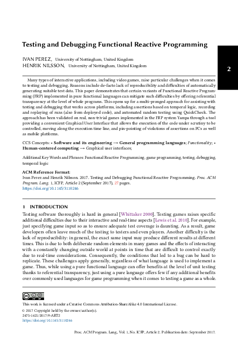 (PDF) Testing and debugging functional reactive programming