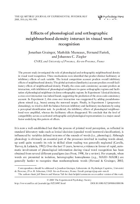 (PDF) Effects of Phonological and Orthographic Neighbourhood Density ...