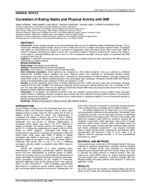 (PDF) Correlation of Eating Habits and Physical Activity with BMI