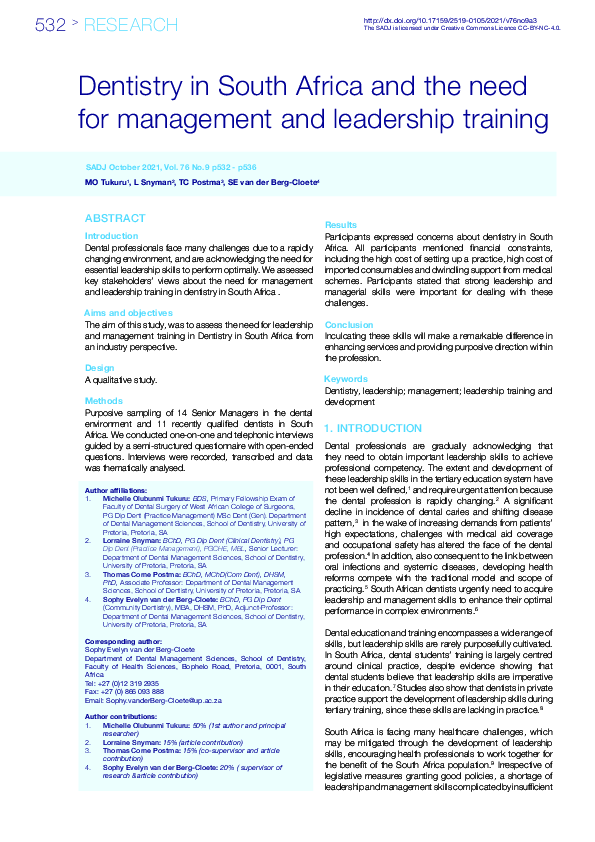(PDF) Dentistry in South Africa and the need for management and