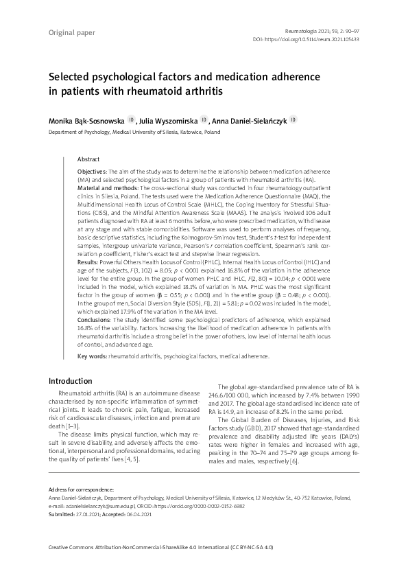 (PDF) Selected psychological factors and medication adherence in