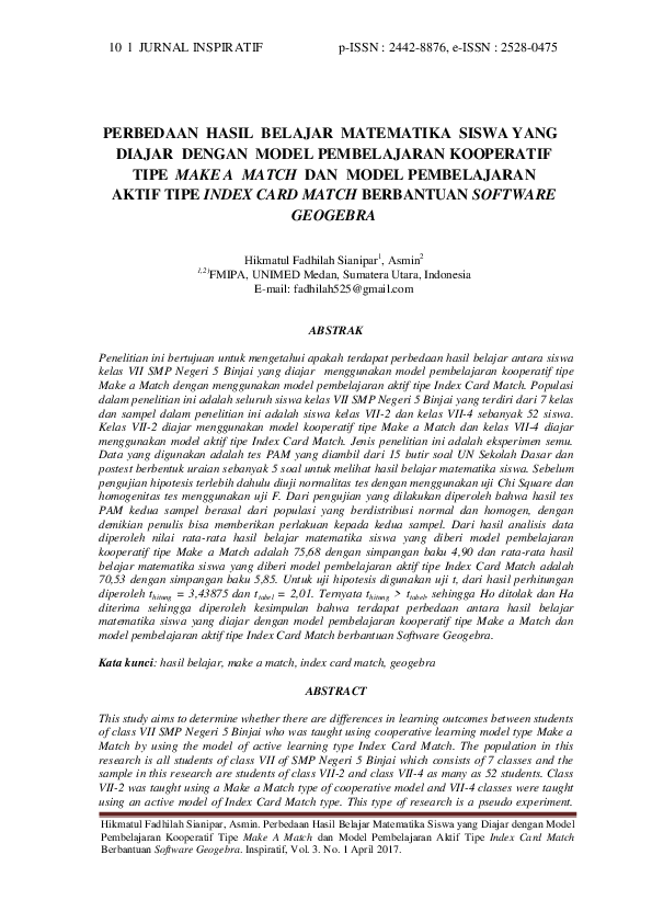 (PDF) Perbedaan Hasil Belajar Matematika Siswa yang Diajar dengan Model