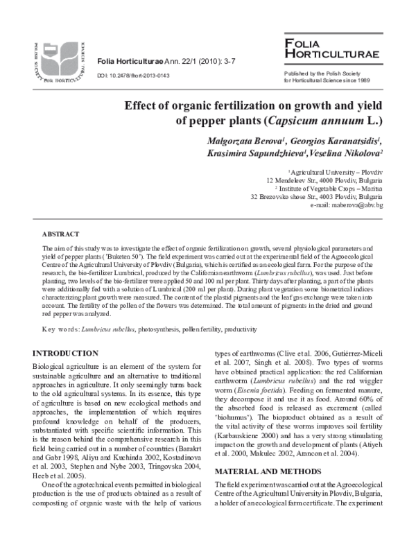 (PDF) Effect of organic fertilization on growth and yield of pepper ...