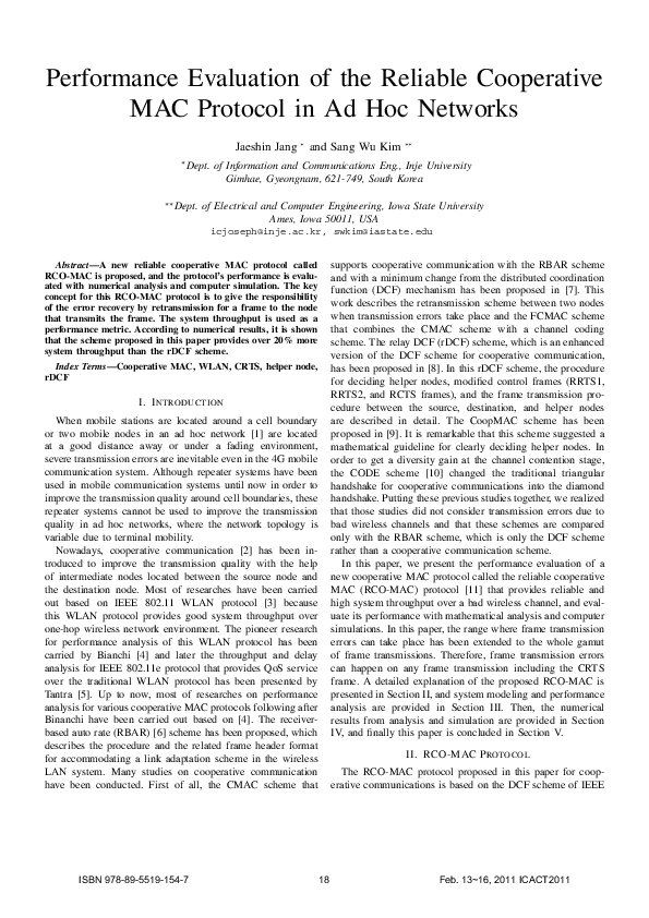 (PDF) Performance evaluation of the reliable cooperative MAC protocol ...