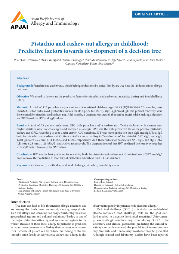 (PDF) Pistachio and cashew nut allergy in childhood Predictive factors