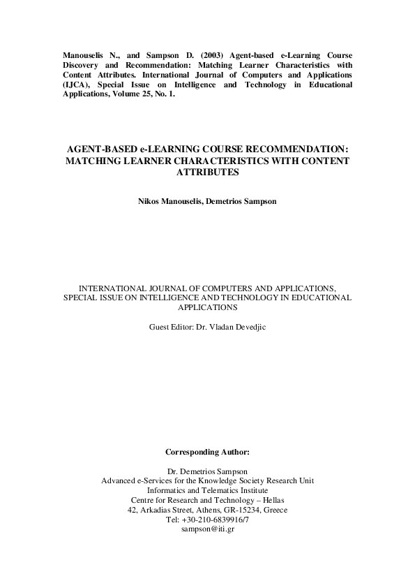 (PDF) Agent-Based E-Learning Course Recommendation: Matching Learner ...