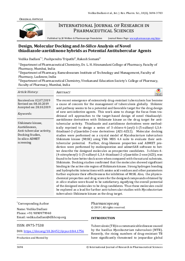 (PDF) Design, Molecular Docking and In-Silico Analysis of Novel ...