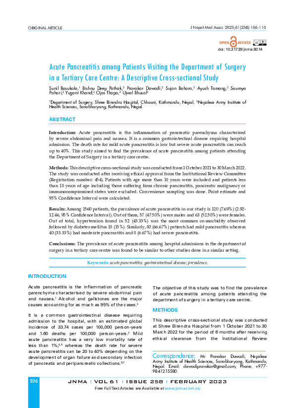 (PDF) Acute Pancreatitis among Patients Visiting the Department of ...