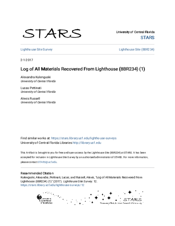 (PDF) Log of All Materials Recovered From Lighthouse (8BR234) (1)