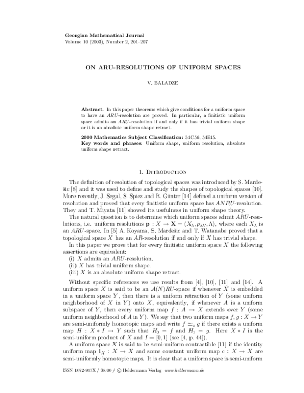 (PDF) On ARU-Resolutions of Uniform Spaces | Vladimer Baladze ...