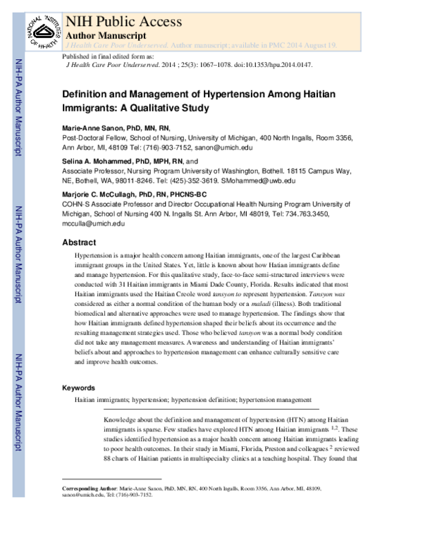  PDF Definition And Management Of Hypertension Among Haitian Immigrants A Qualitative Study 