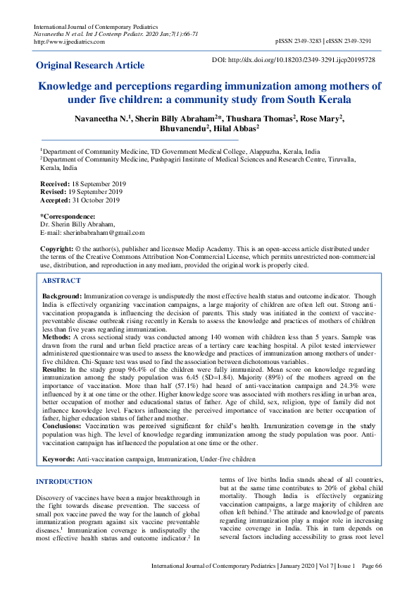 (PDF) Knowledge and perceptions regarding immunization among mothers of ...