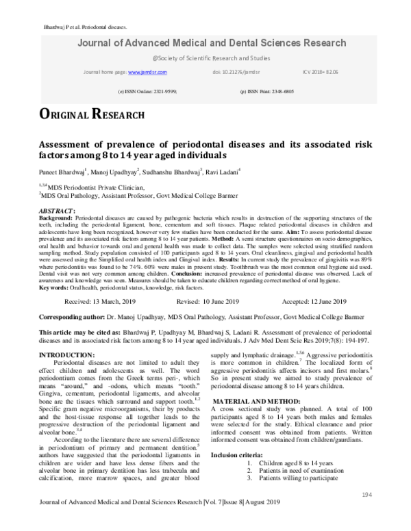 (PDF) Assessment of prevalence of periodontal diseases and its ...