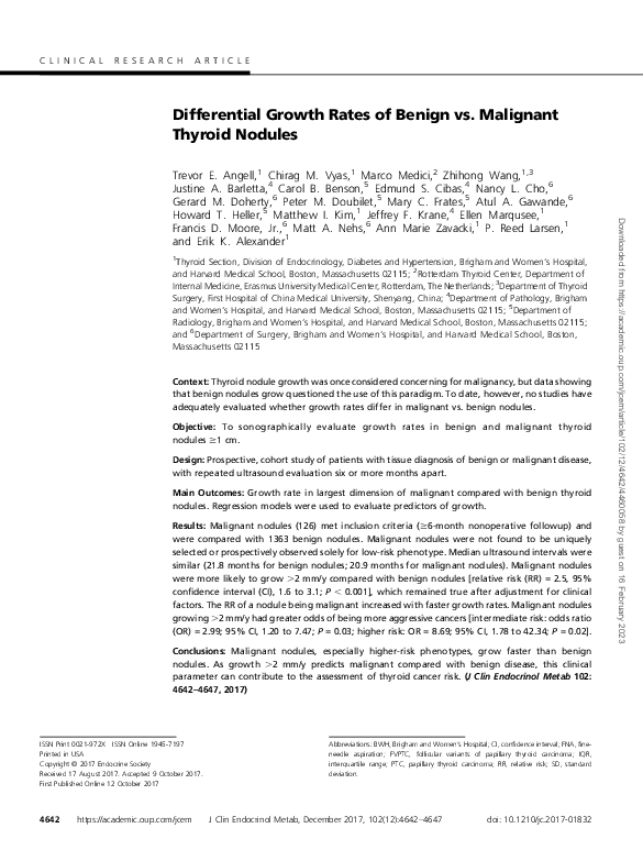 (PDF) Differential Growth Rates of Benign vs. Malignant Thyroid Nodules
