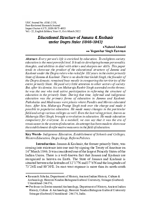 (PDF) Educational Stucture of Jammu and Kashmir under Dogra ruler (1846 ...
