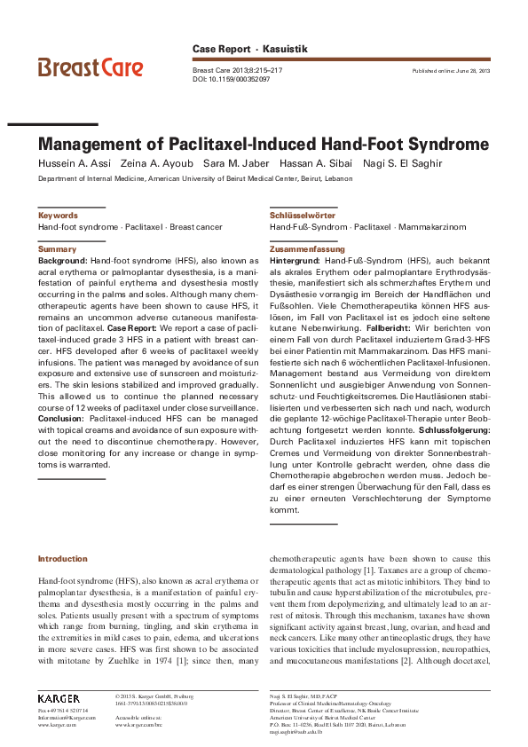 (PDF) Management of PaclitaxelInduced HandFoot Syndrome Nagi El