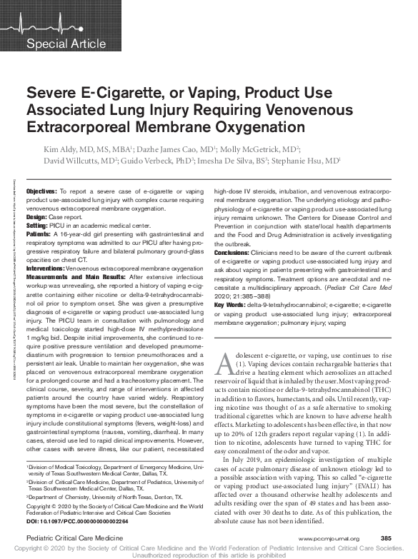 (PDF) Severe E-Cigarette, or Vaping, Product Use Associated Lung Injury ...