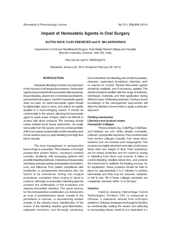 (PDF) Impact of Hemostatic Agents in Oral Surgery Muthu Mani