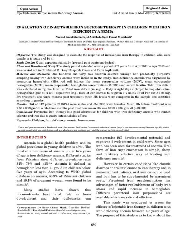 (PDF) Evaluation of Injectable Iron Sucrose Therapy in Children with ...