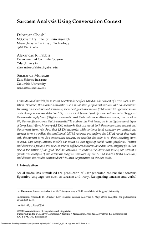 (PDF) Sarcasm Analysis Using Conversation Context