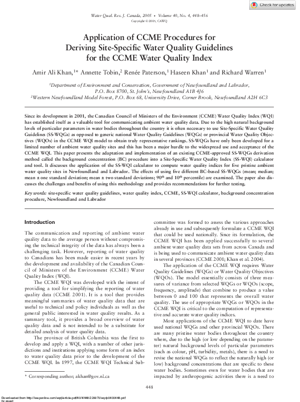 (PDF) Application of CCME Procedures for Deriving SiteSpecific Water