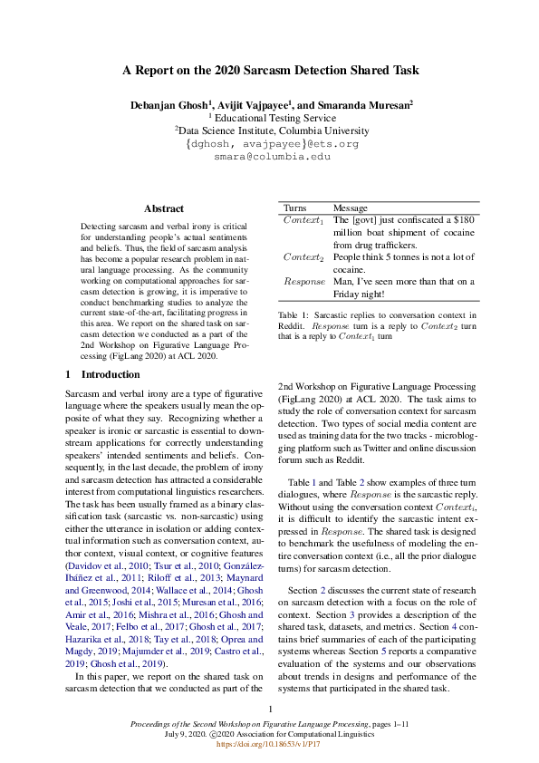 (PDF) A Report on the 2020 Sarcasm Detection Shared Task