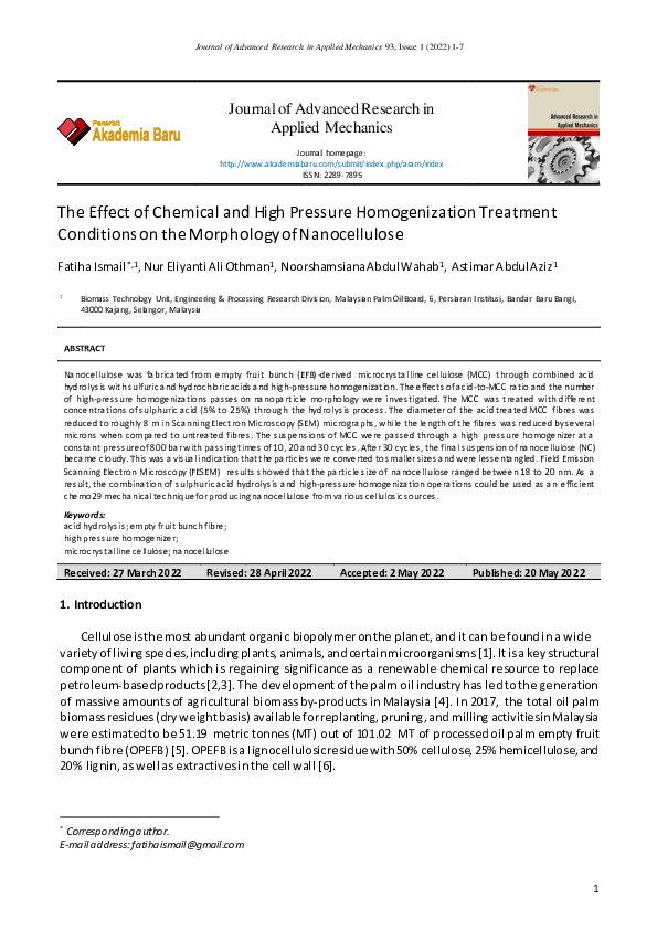 (PDF) The Effect of Chemical and High Pressure Homogenization Treatment ...