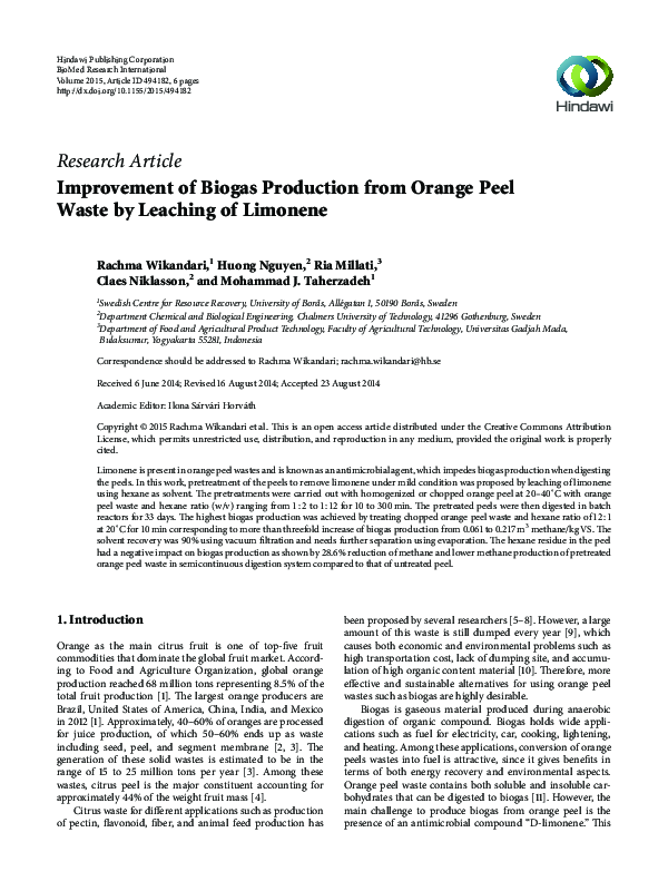 (PDF) Improvement of Biogas Production from Orange Peel Waste by ...