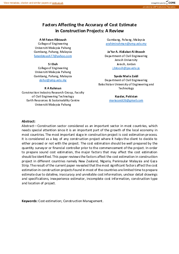 (PDF) Factors affecting the accuracy of cost estimate in construction ...