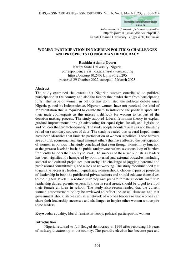 (PDF) Women Participation in Nigerian Politics: Challenges and ...