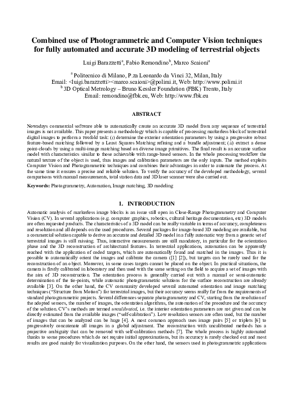 Pdf Combined Use Of Photogrammetric And Computer Vision Techniques Pdf Combined Use Of Photogrammetric And Computer Vision Techniques