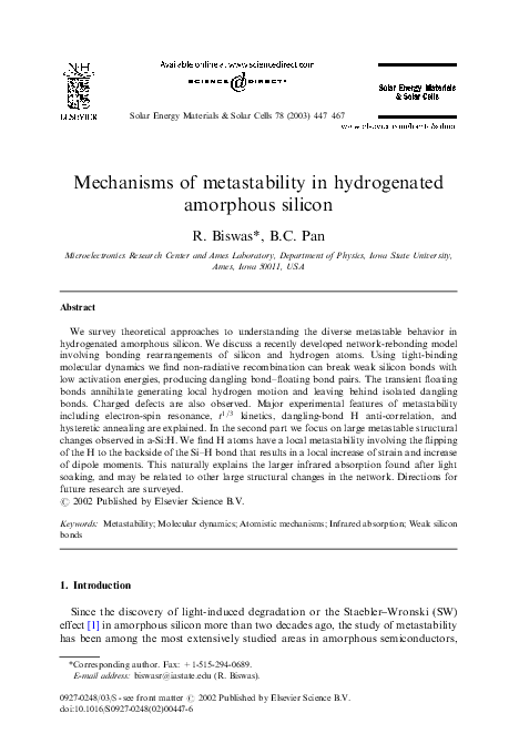 (PDF) Mechanisms of metastability in hydrogenated amorphous silicon