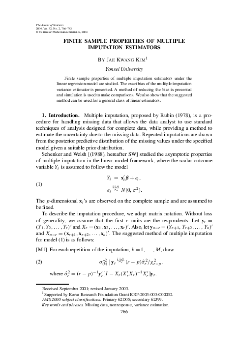 (PDF) Finite sample properties of multiple imputation estimators
