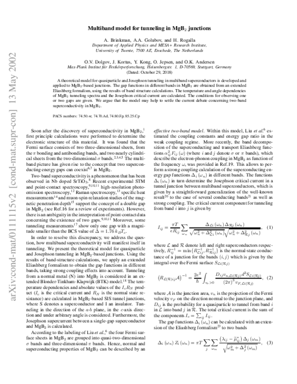 (PDF) Multiband model for tunneling inMgB2junctions