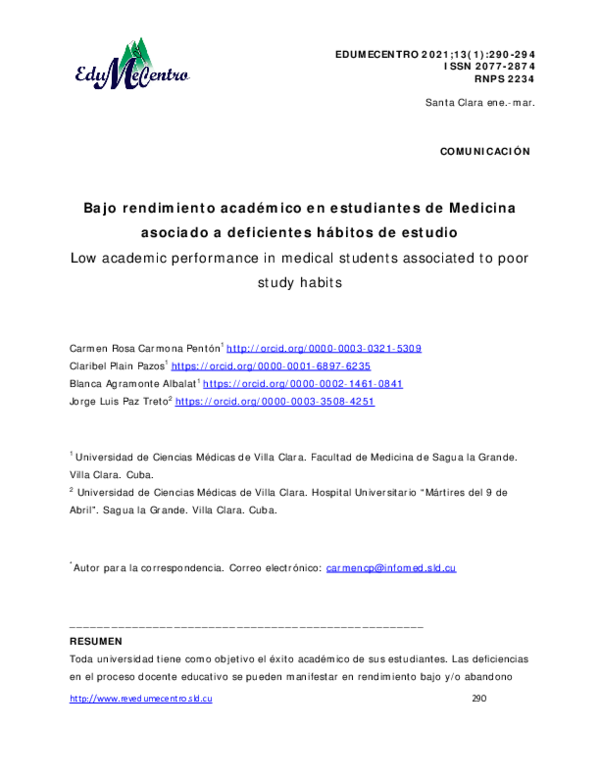 (PDF) Bajo rendimiento académico en estudiantes de Medicina asociado a ...