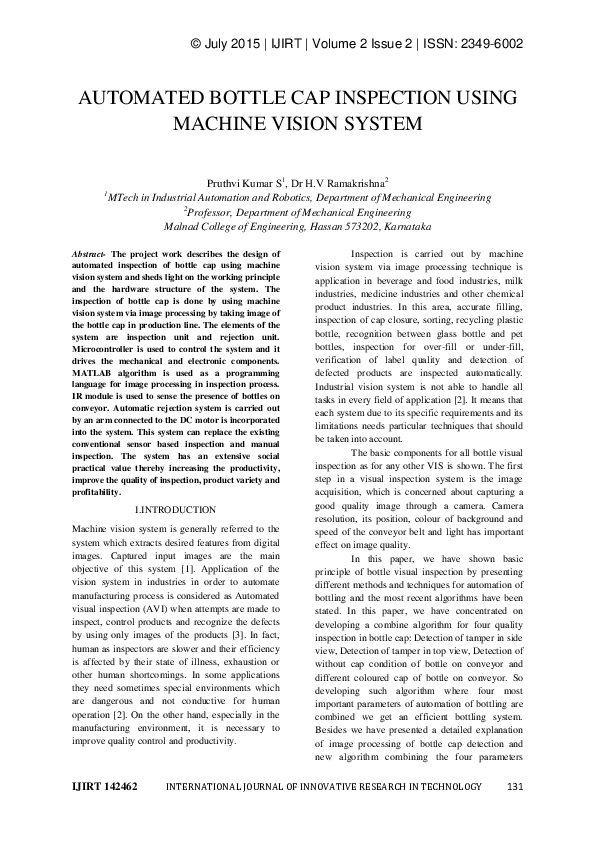 (PDF) Automated bottle cap inspection using machine vision system