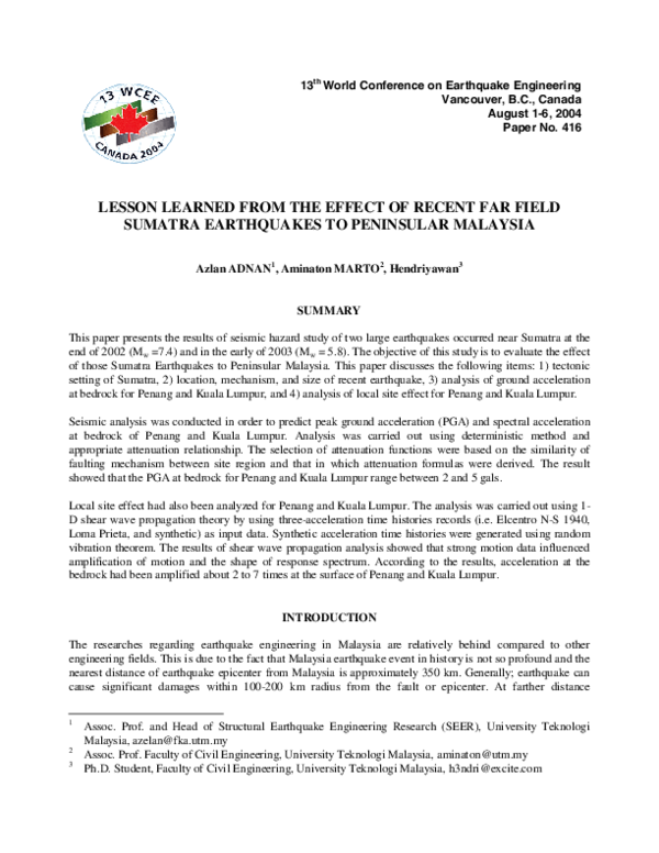 (PDF) Lesson Learned from the Effect of Recent Far Field Sumatra ...