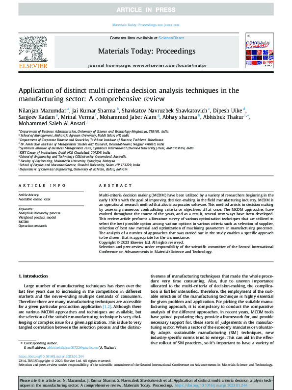(PDF) Application of distinct multi criteria decision analysis ...