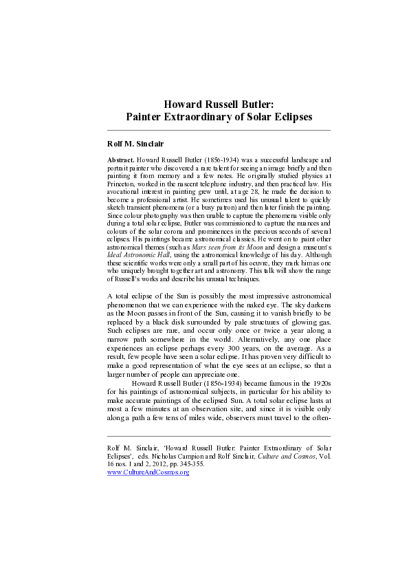 (PDF) Howard Russell Butler: Painter Extraordinary of Solar Eclipses