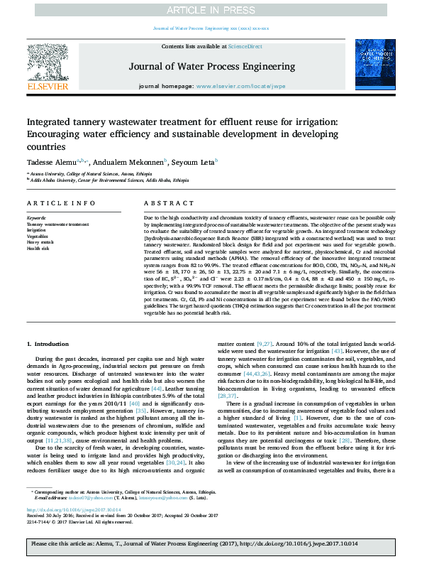 (PDF) Integrated tannery wastewater treatment for effluent reuse for